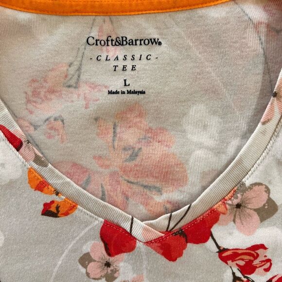 Croft & Barrow White Orange Floral V-Neck 100% Cotton Tee Shirt Women’s L - Picture 4 of 6